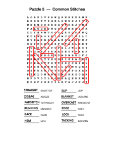 completed word search puzzle theme common sewing stitches